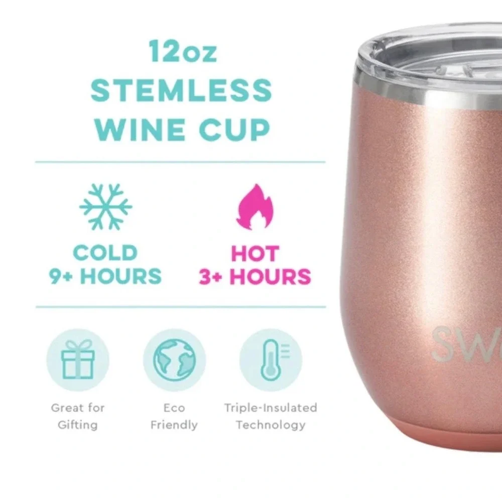 Swig Life 12oz Rose Gold Shimmer Stemless Wine Cup‎ Stainless Steel Tumbler NEW